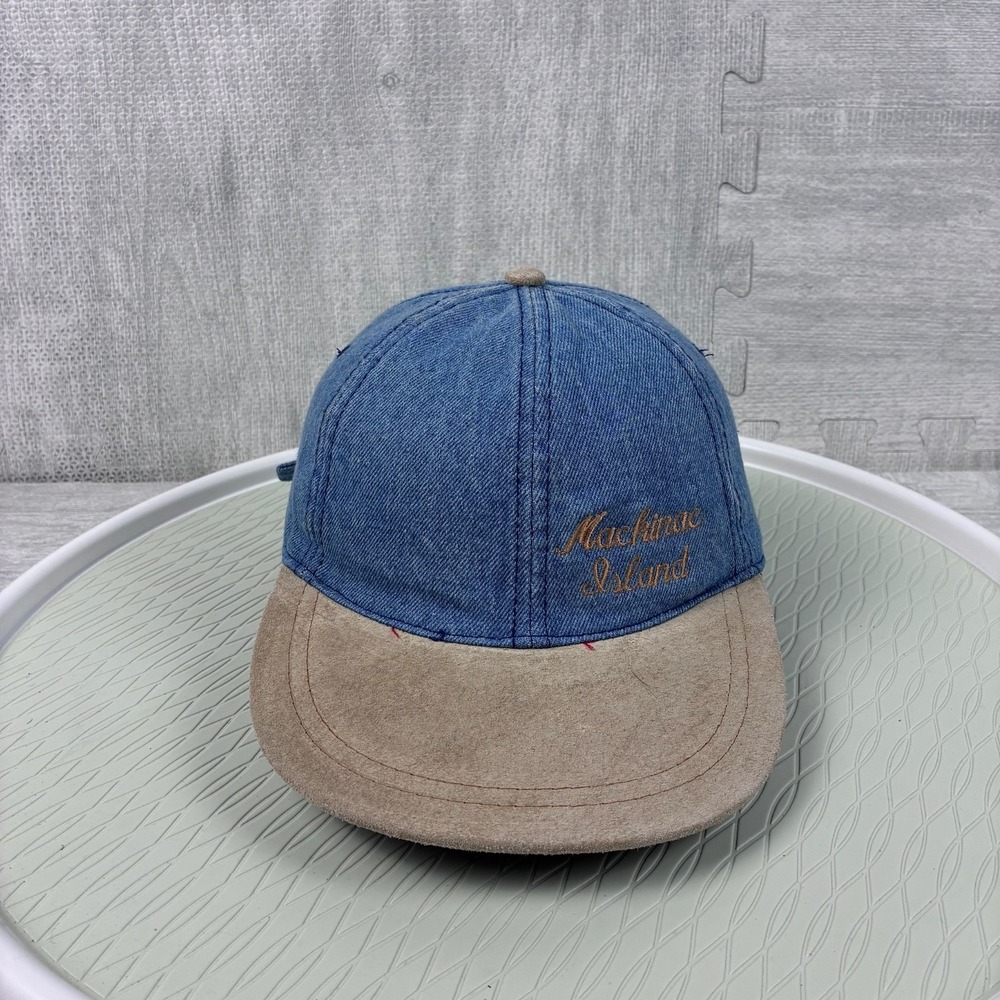 Vintage Mackinac Island Hat Cap Strap Back Blue Denim Embroidered‎ Logo Suede